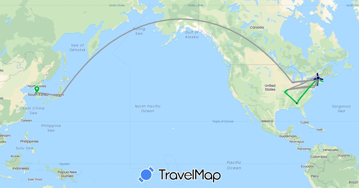 TravelMap itinerary: driving, bus, plane, train, hiking, boat in Canada, Japan, South Korea, United States (Asia, North America)